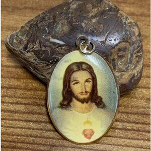 Vintage 1960's Colorized Jesus Medal Pendant Christian Catholic Kitsch